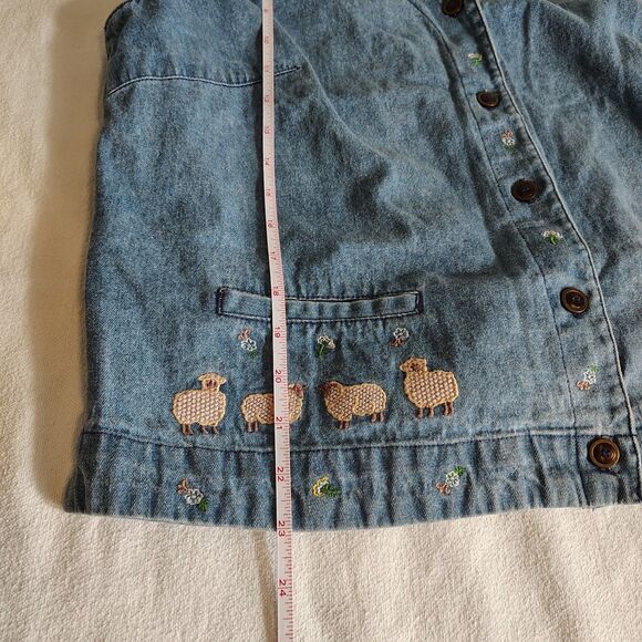 Vtg 90s Denim Vest Embroidered Sheep Flowers Cottagecore Farmhouse Country L - Picture 8 of 10